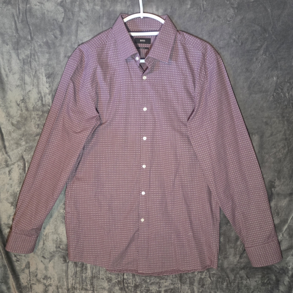 BOSS Long-Sleeve Maroon Micro-Pattern Dress Shirt